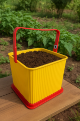 Sarı - Kırmızı, Kare Tırtıklı Plastik Temizlik Kovası – Saplı, Taşınabilir, Oyuncak Kovası, Saksı 11 Litre