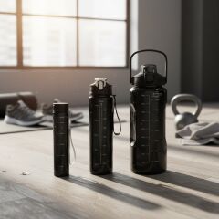 Siyah, 3’lü Set - Sticker’lı Pipetli Matara Seti - 2000ml,900ml,300ml