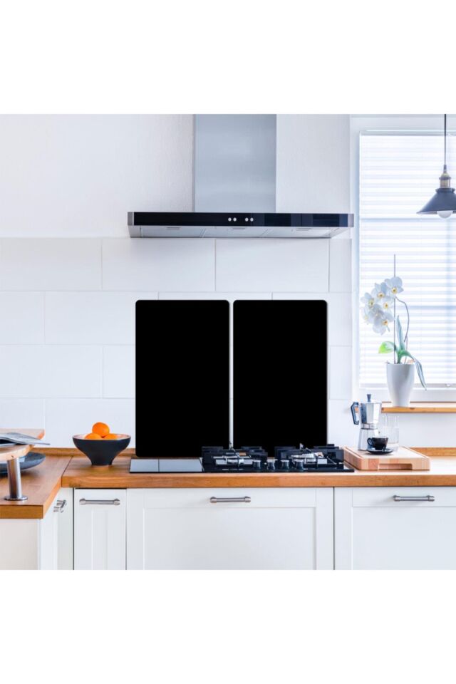 2'li 30x52cm Takım - Düz Siyah Desenli - Ocak Koruyucu - Cam Kesme Tahtası