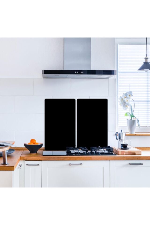 2'li 30x52cm Takım - Düz Siyah Desenli - Ocak Koruyucu - Cam Kesme Tahtası