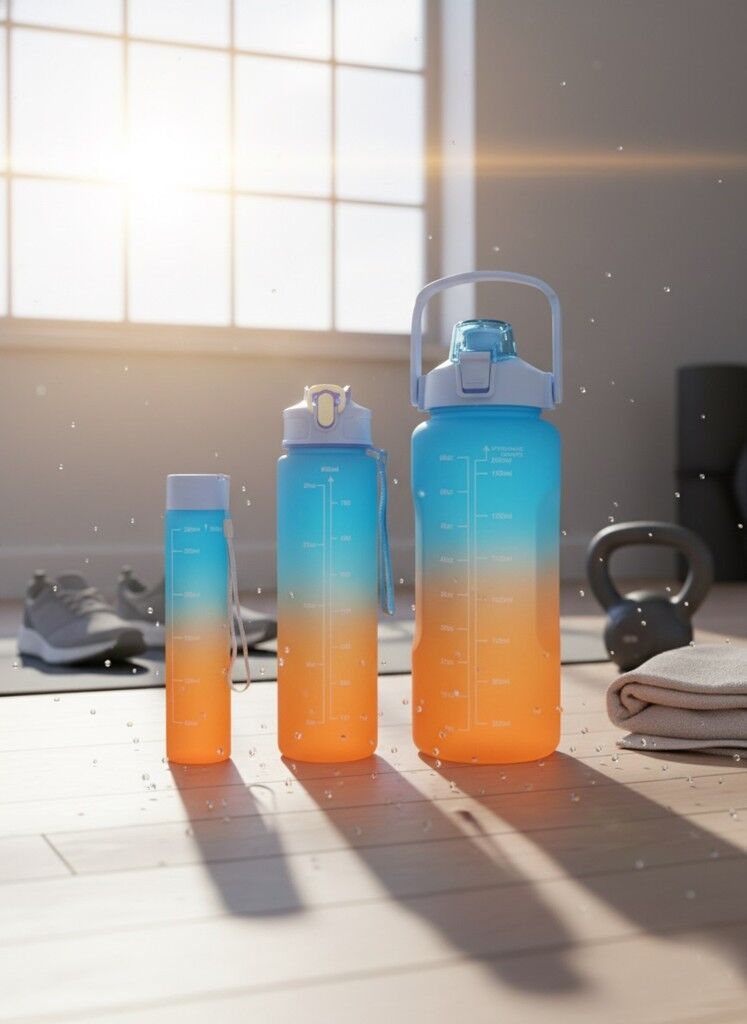 Mavi, 3’lü Set - Sticker’lı Pipetli Matara Seti - 2000ml,900ml,300ml