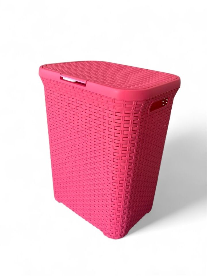 Pembe, Hasır Desenli Kapaklı Çamaşır Sepeti – 55x43x33cm