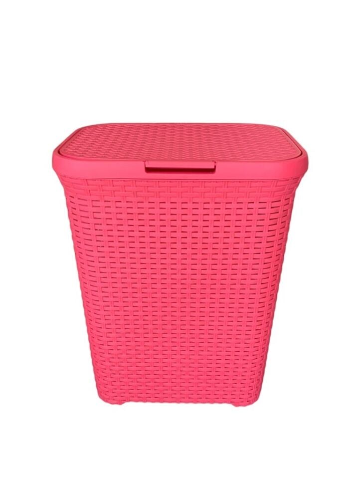 Pembe, Hasır Desenli Kapaklı Çamaşır Sepeti – 55x43x33cm