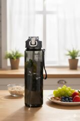 Siyah, Şeffaf Pipetli Matara – 900 ml, Sızdırmaz Kapaklı Suluk