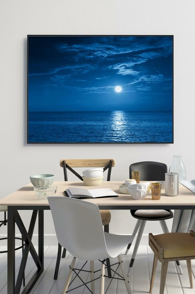 60 x 70 cm Mavi Gece Desenli Cam Tablo 4mm Temperli Camdır