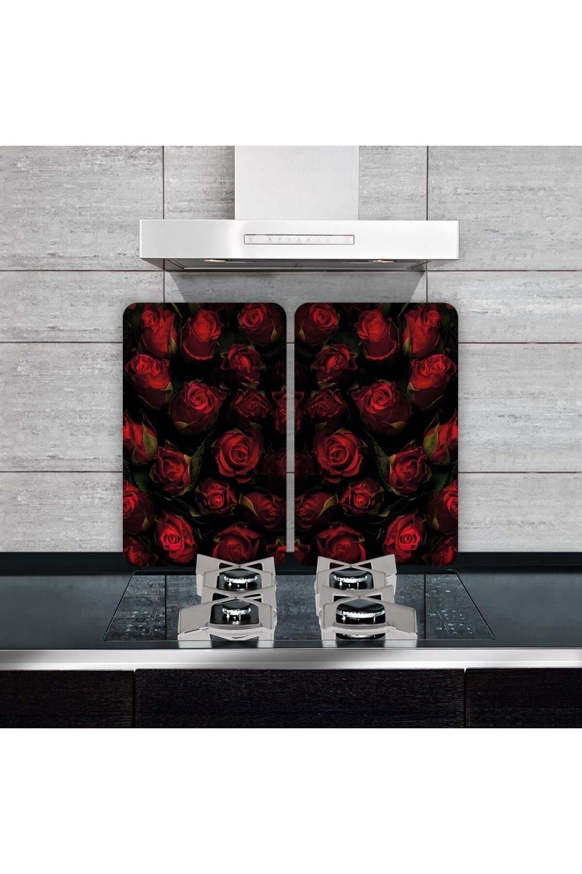 2'li 40x52 cm Cam Ocak Koruyucu 5'li Ocaklar İçin Kırmızı Güller