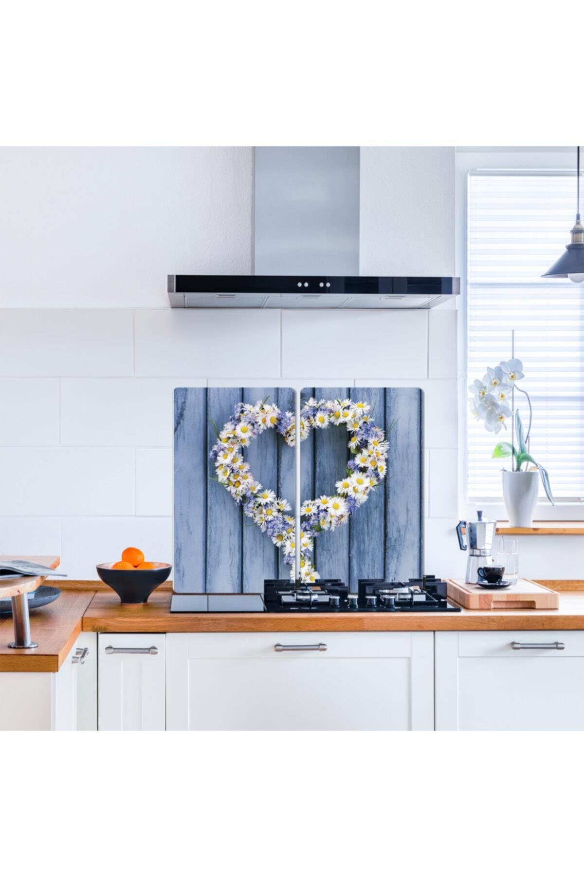 2'li 40x52 cm Cam Ocak Koruyucu 5'li Ocaklar İçin Papatya Kalp