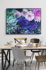 60 x 70 cm Mavi Bahar Çiçekleri Desenli Cam Tablo 4mm Temperli Camdır