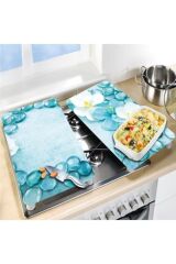 Cam Ocak Koruyucu Ve Kesim Tablası Mavi Taşlar (80cm X 52cm) 2 Parça, 5'li Ocaklar