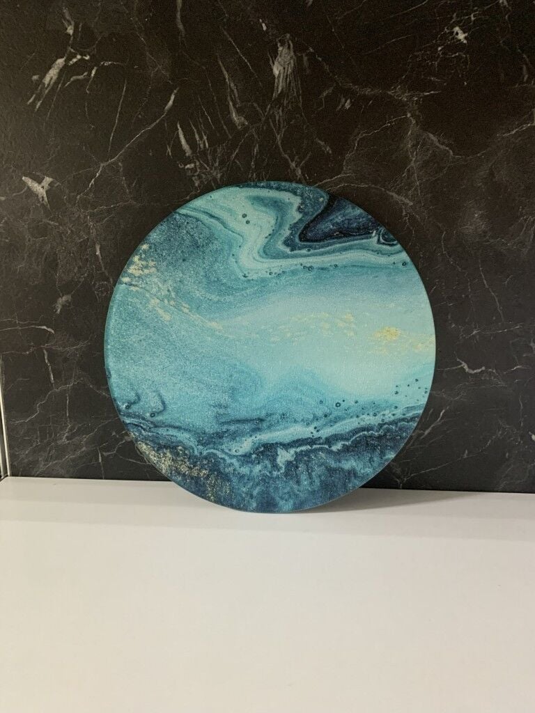 Çap 27Cm - Buzlu Cam, Okyanus - Kesme Tahtası - Sunumluk