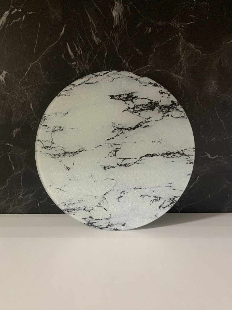 Çap 27Cm - Buzlu Cam, Beyaz Mermer - Kesme Tahtası - Sunumluk