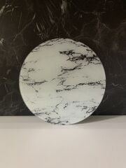 Çap 27Cm - Buzlu Cam, Beyaz Mermer - Kesme Tahtası - Sunumluk