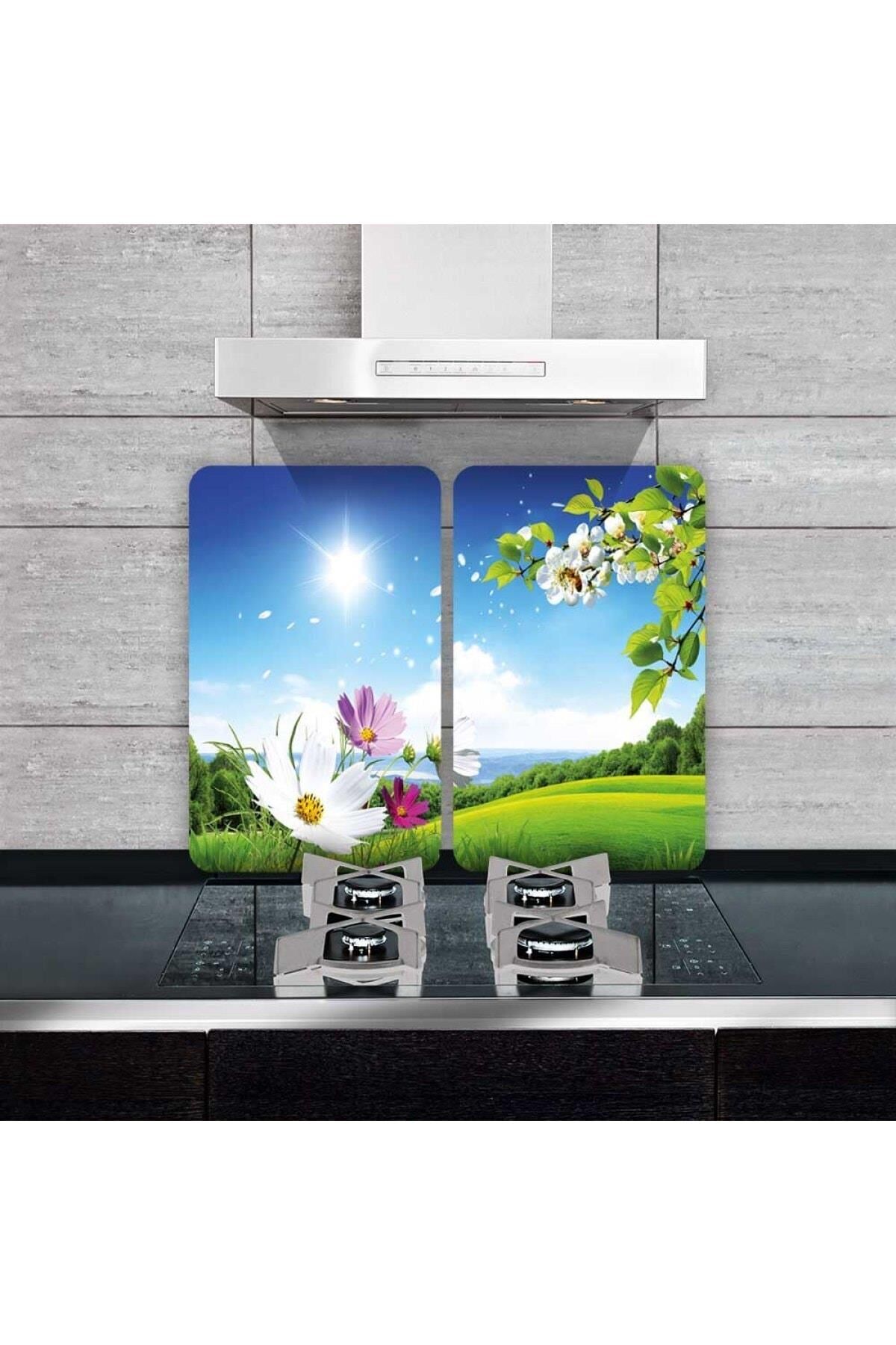 2'li 40x52 cm Cam Ocak Koruyucu 5'li Ocaklar İçin Zambak