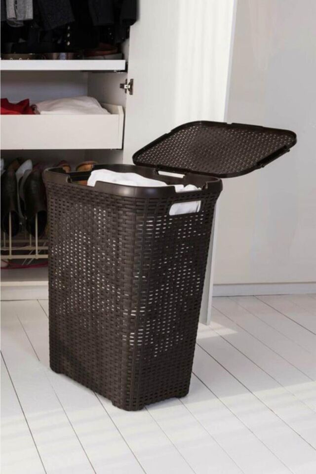 Kahverengi, Plastik Hasır Desenli Kapaklı Çamaşır Sepeti – 55x43x33cm