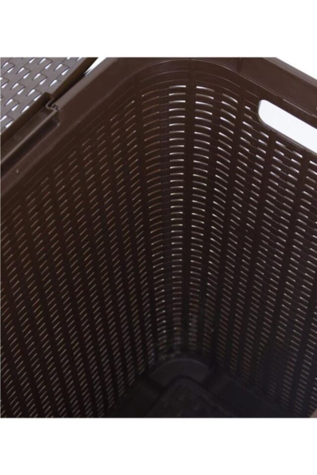 Kahverengi, Plastik Hasır Desenli Kapaklı Çamaşır Sepeti – 55x43x33cm