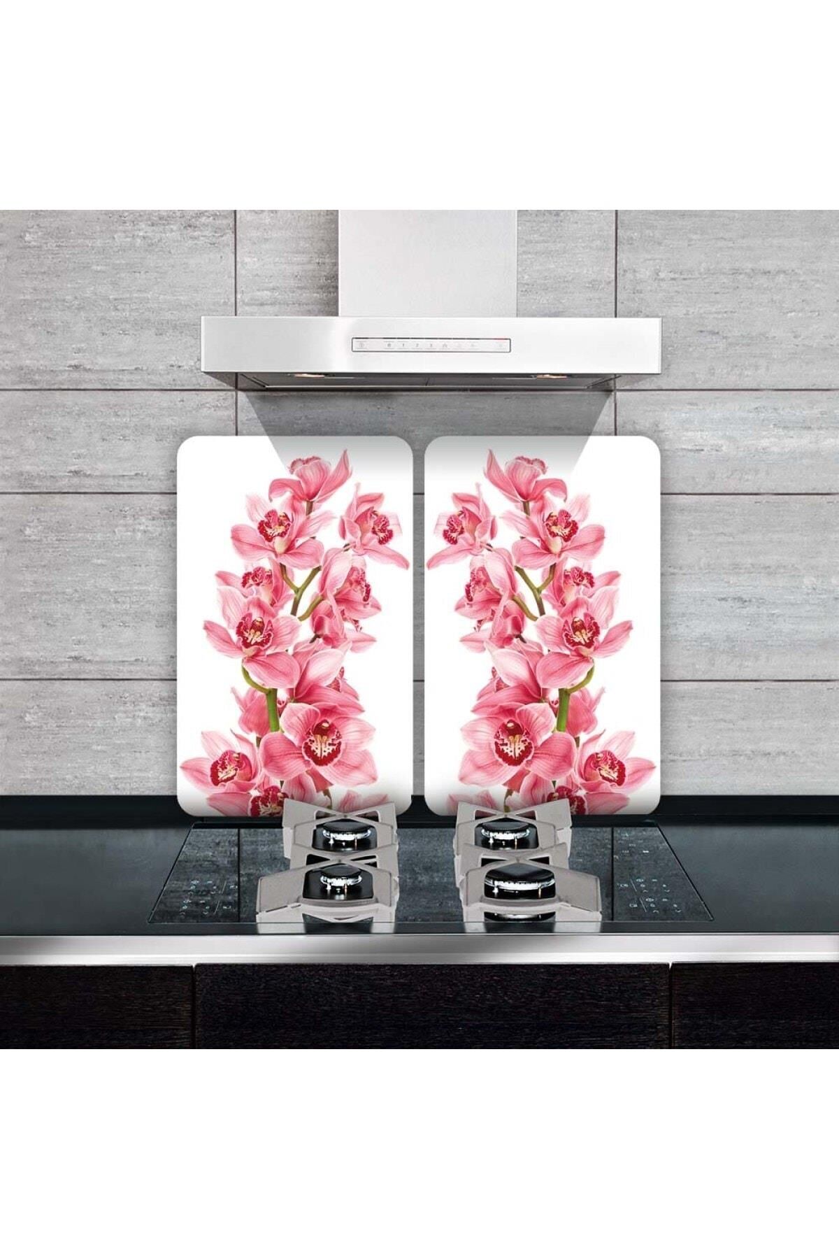 2'li 40x52 cm Cam Ocak Koruyucu 5'li Ocaklar İçin Pembe Orkide