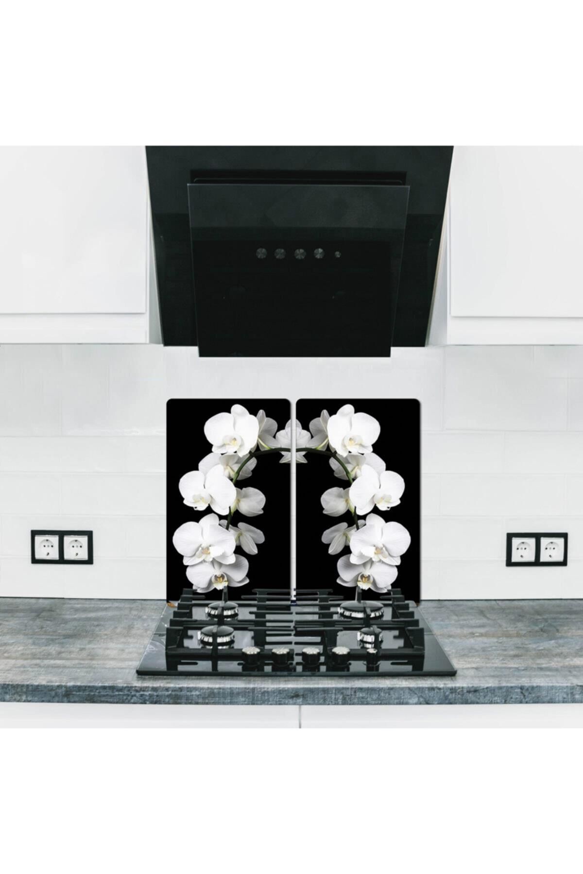 2'li 30x52 cm Cam Ocak Koruyucu 4'lü Ocaklar İçin Beyaz Orkide