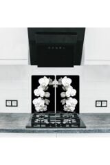 2'li 30x52 cm Cam Ocak Koruyucu 4'lü Ocaklar İçin Beyaz Orkide