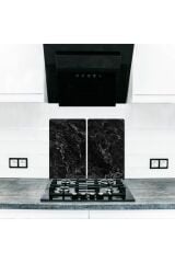 2'li 30x52 cm Cam Ocak Koruyucu 4'lü Ocaklar İçin Siyah Mermer