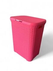 Pembe, Hasır Desenli Kapaklı Çamaşır Sepeti – 55x43x33cm