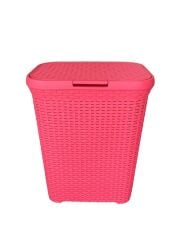 Pembe, Hasır Desenli Kapaklı Çamaşır Sepeti – 55x43x33cm