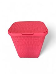 Pembe, Hasır Desenli Kapaklı Çamaşır Sepeti – 55x43x33cm