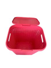 Pembe, Hasır Desenli Kapaklı Çamaşır Sepeti – 55x43x33cm