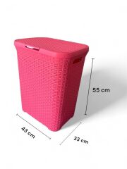 Pembe, Hasır Desenli Kapaklı Çamaşır Sepeti – 55x43x33cm
