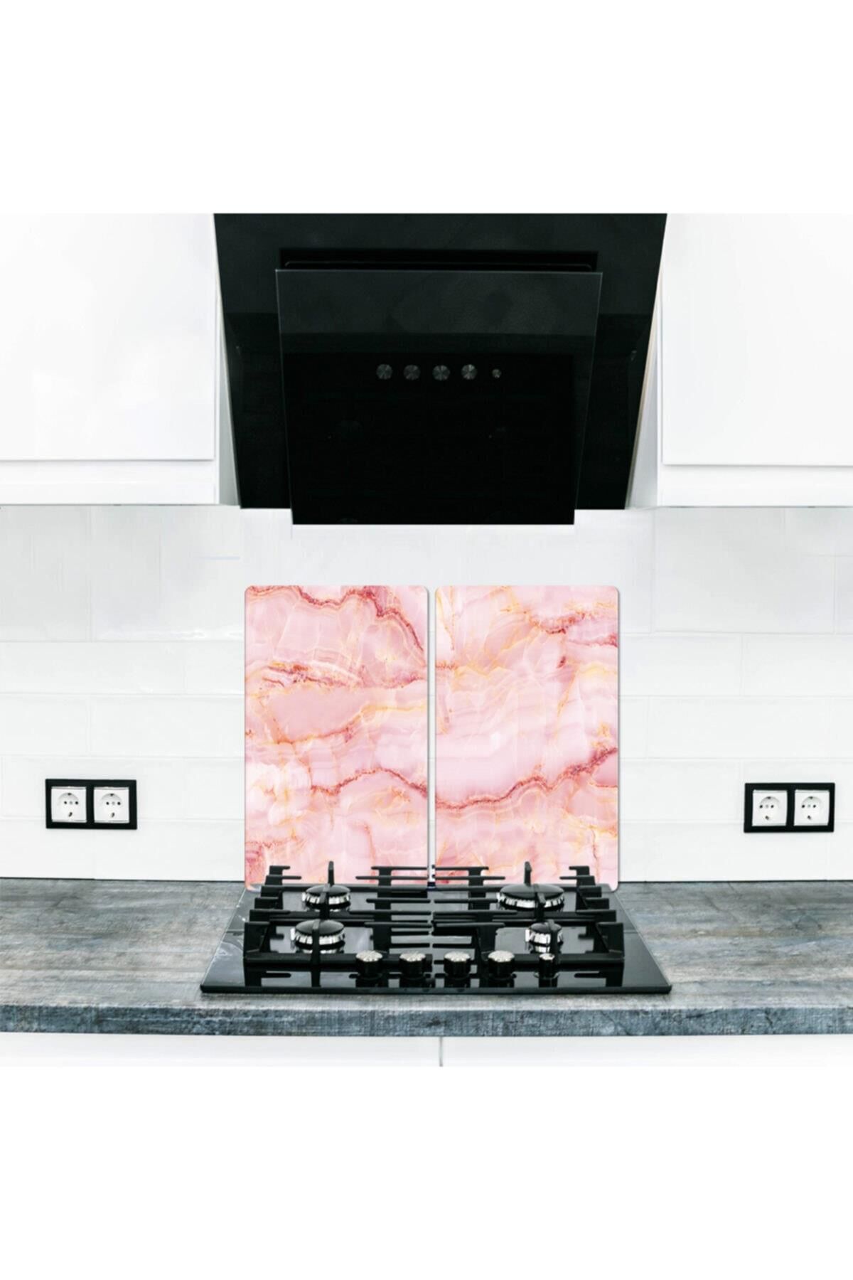 2'li 30x52 cm Cam Ocak Koruyucu 4'lü Ocaklar İçin Pembe Mermer