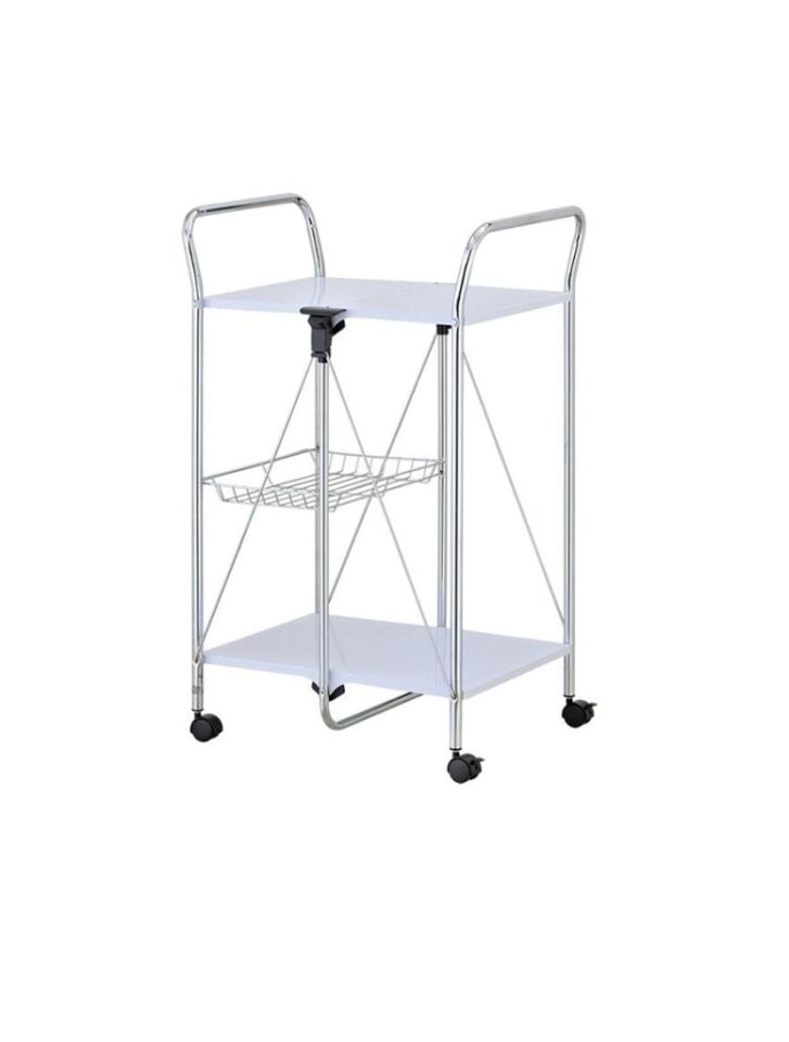 Beyaz, Katlanabilir Tekerlekli Metal Raflı Servis Arabası