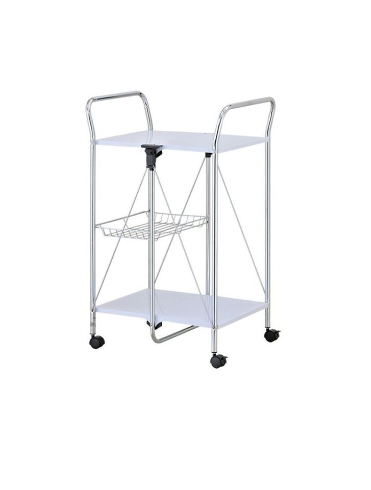 Beyaz, Katlanabilir Tekerlekli Metal Raflı Servis Arabası
