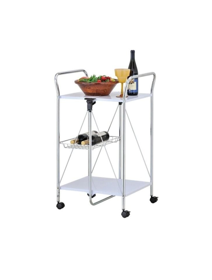 Beyaz, Katlanabilir Tekerlekli Metal Raflı Servis Arabası