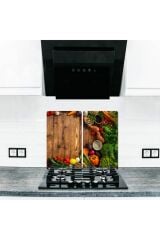 2'li 30x52 cm Cam Ocak Koruyucu 4'lü Ocaklar İçin Tahta ve Ahşap ve Sebzeler