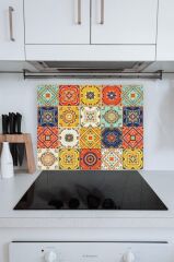 50x60 Cm Turuncu Çini Desenli Cam Ocak Arkası Koruyucusu