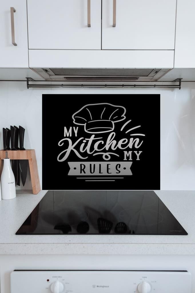 60x70 Cm My Kitchen Siyah Şapka Desenli Cam Ocak Koruyucu