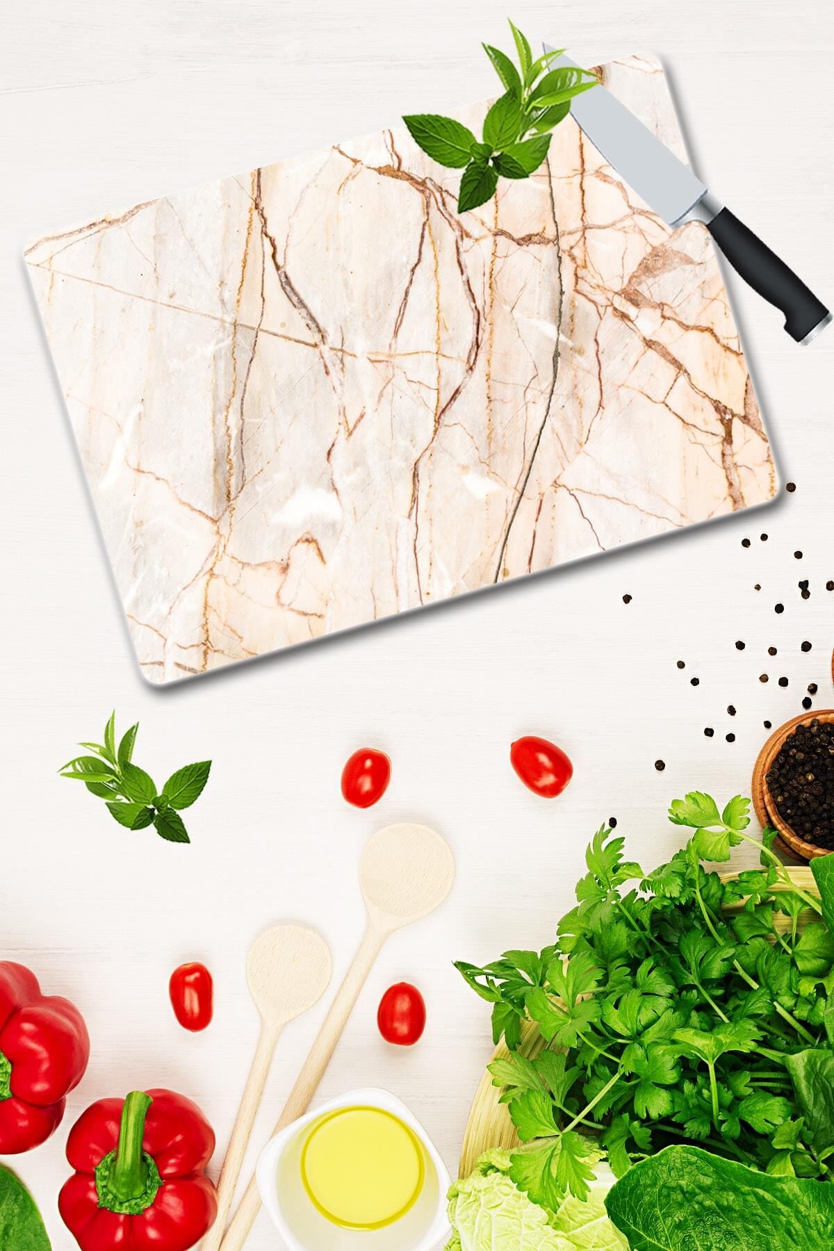 30x40 cm Cam Kesme Tahtası Kırmızı Taş Desenli