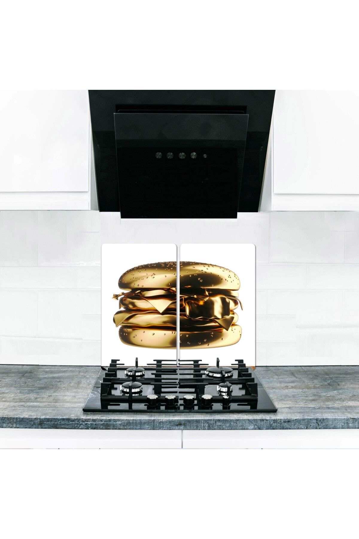 2'li 40x52 cm Cam Ocak Koruyucu 5'li Ocaklar İçin Altın Burger