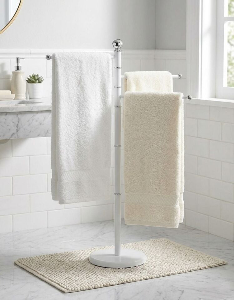 Beyaz Krom Detaylı Ayaklı Havluluk – 3 Kollu, Döner Başlıklı Banyo Havlu Askısı