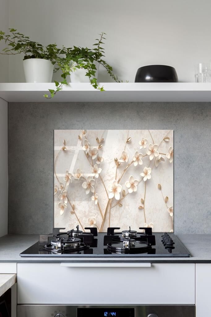 60 x 70 cm Yapay Güller Desenli Cam Ocak Arkası Koruyucu