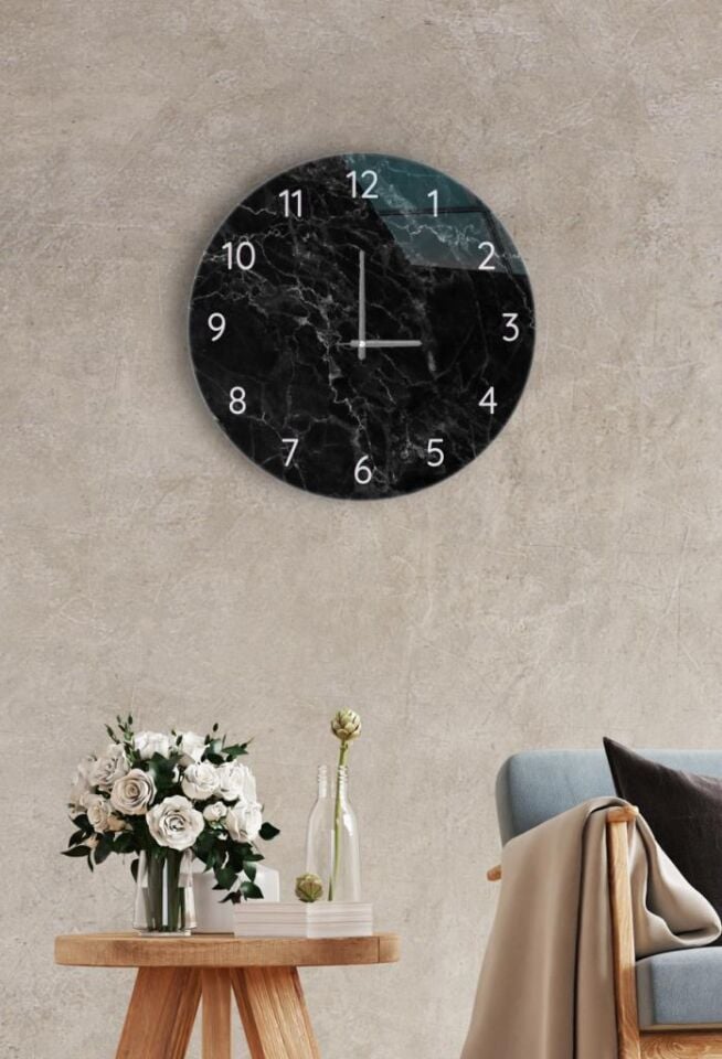 Çap 27cm - Siyah Mermer - Dekoratif Cam Duvar Saati