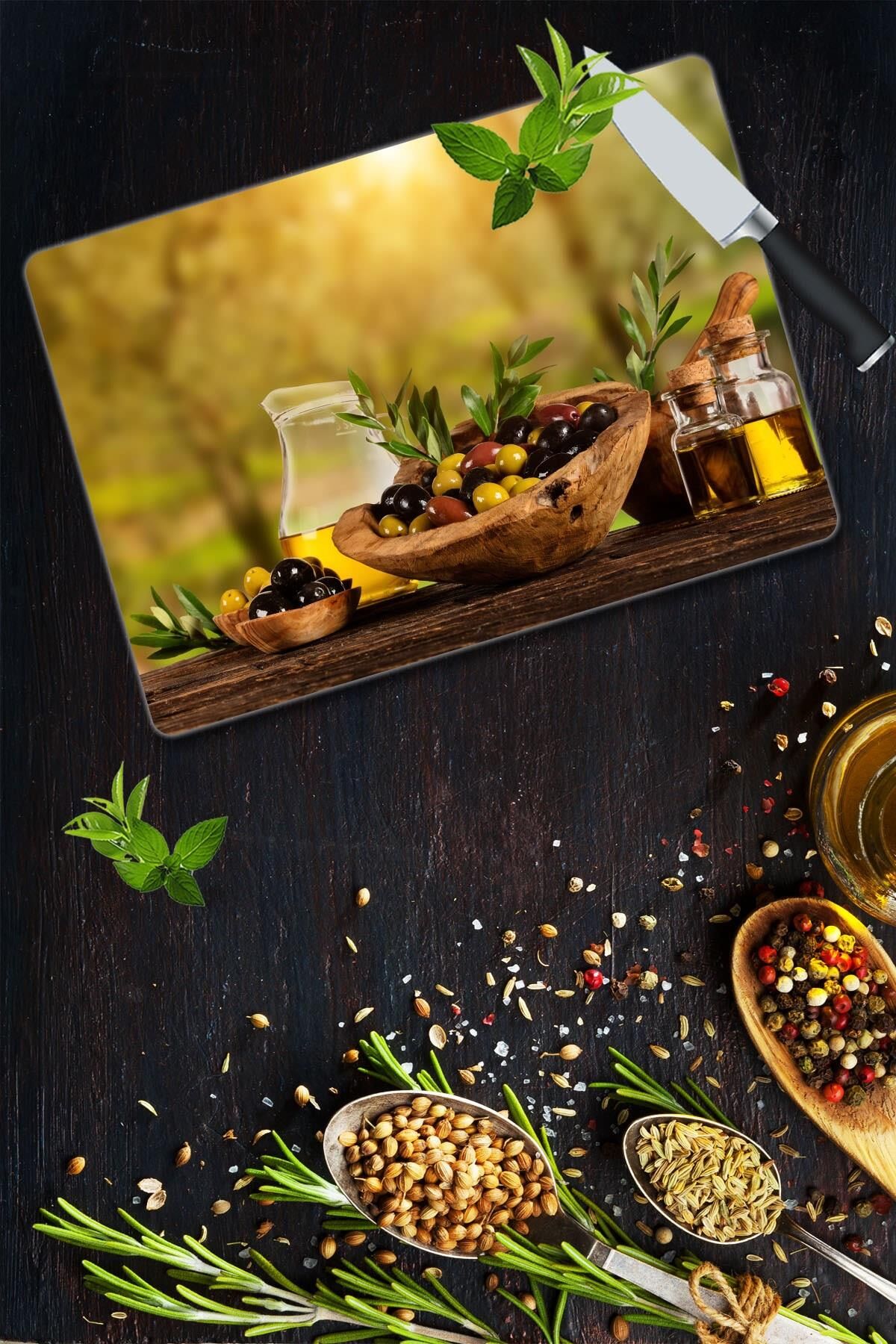 30x40 cm Cam Kesme Tahtası Zeytin Görünümlü