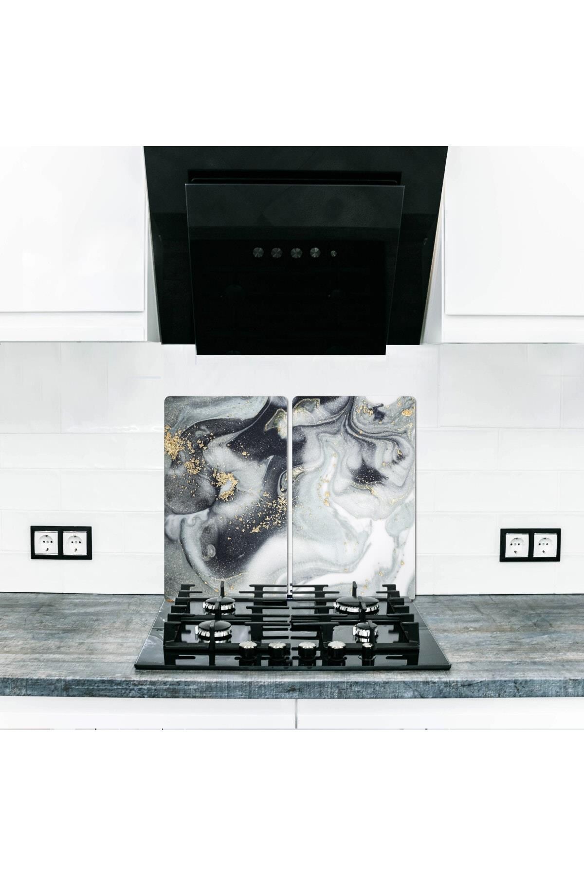 2' li 40x52 cm Cam Ocak Koruyucu  Gri Altın Mermer Desenli