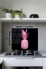 60 x 70 cm Siyah Ananas Desenli Cam Ocak Arkası Koruyucu