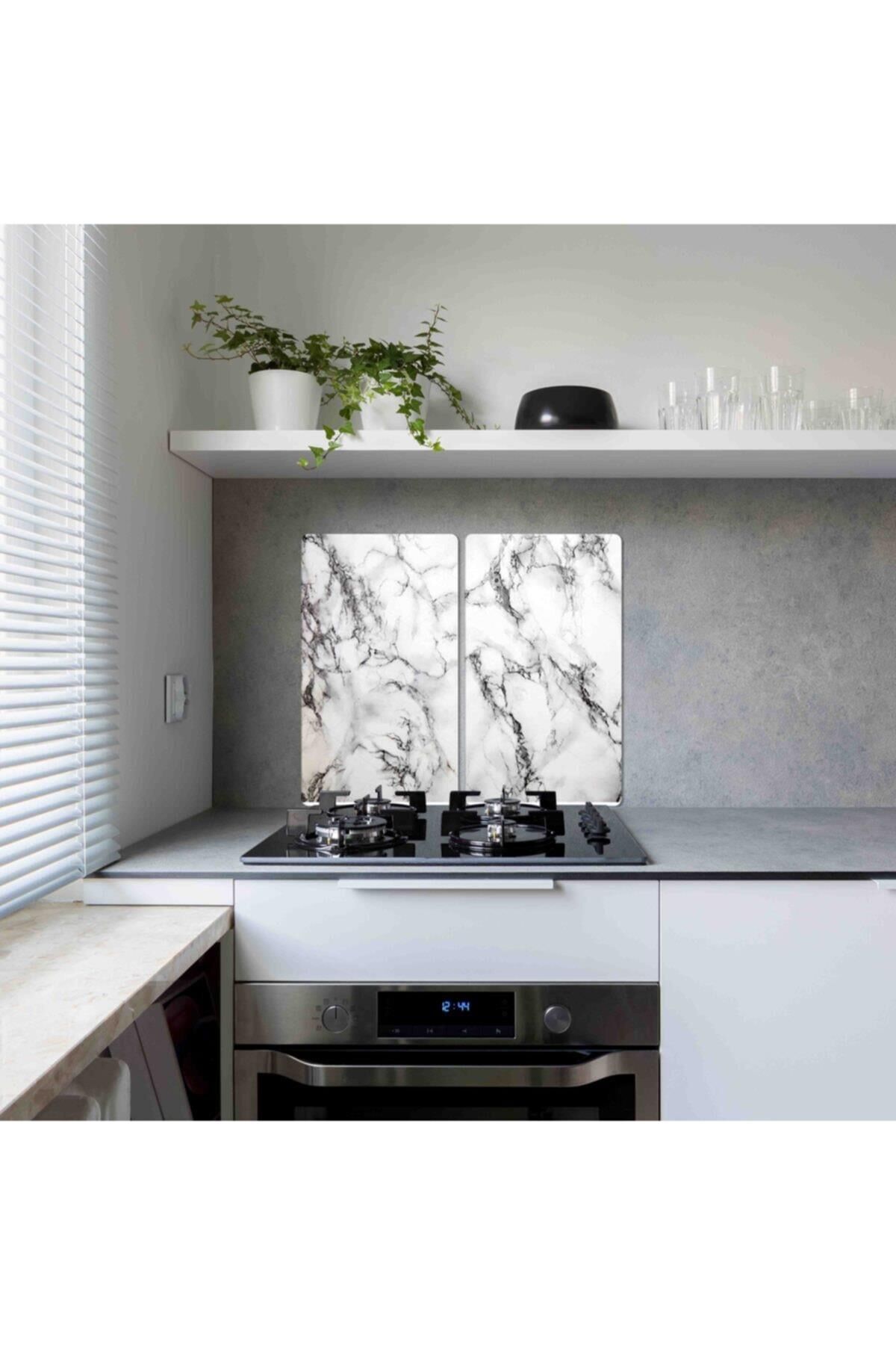 2'li 30x52 cm Cam Ocak Koruyucu 4'lü Ocaklar İçin Beyaz Mermer