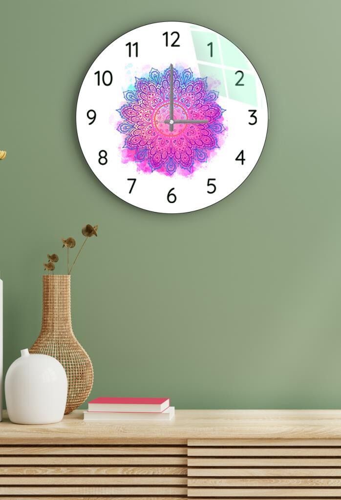 Çap37cm -  Renkli Mandala - Dekoratif Cam Duvar Saati