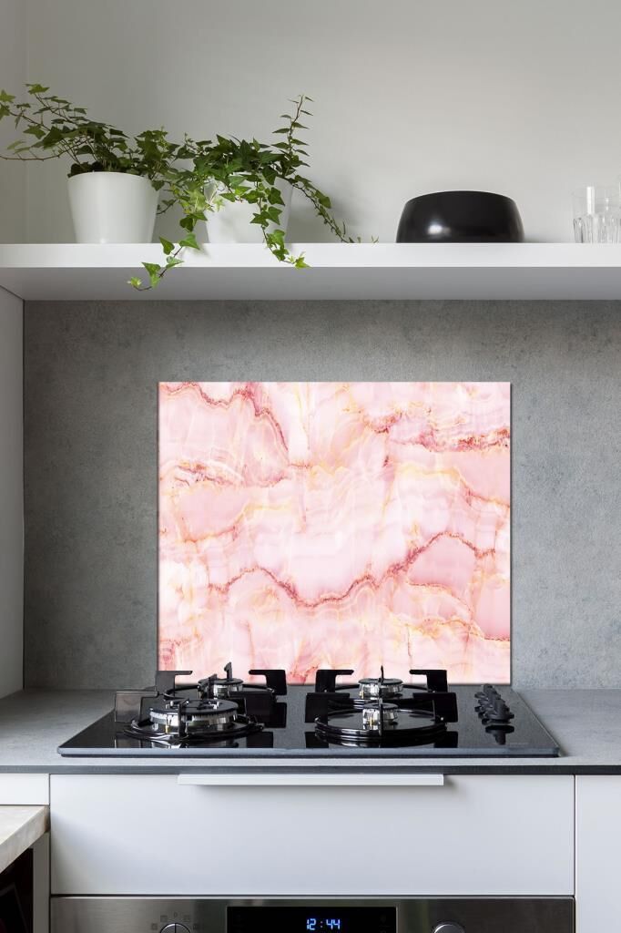 60 x 70 cm Pembe Mermer Desenli Cam Ocak Arkası Koruyucu