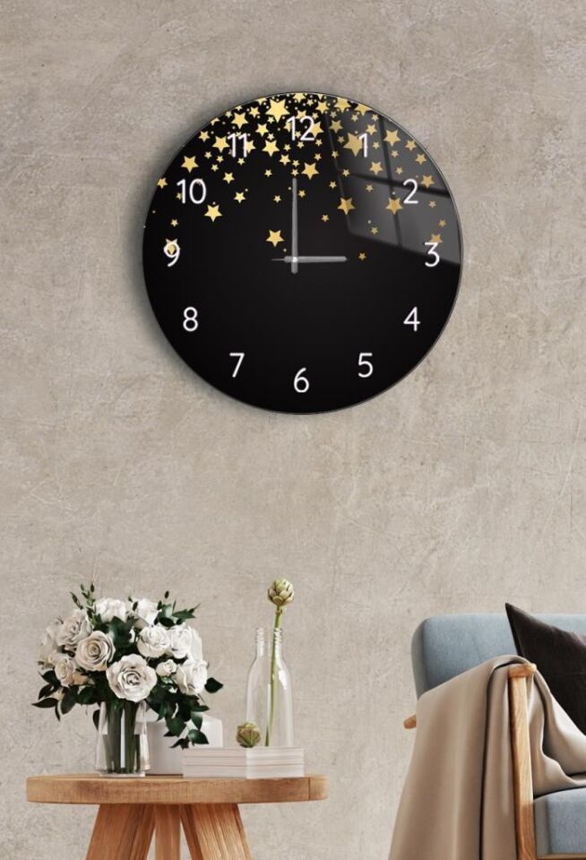 Çap 37cm - Düşen Yıldızlar - Dekoratif Cam Duvar Saati