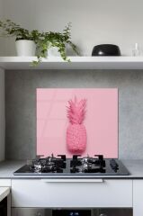 60 x 70 cm Pembe Ananas Desenli Cam Ocak Arkası Koruyucu