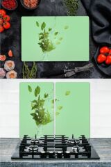Takım Halinde Nane 20x30 cm Kesme Tablası ve 2'li 30x52 cm Cam Ocak Koruyucu 4'lü Ocaklar