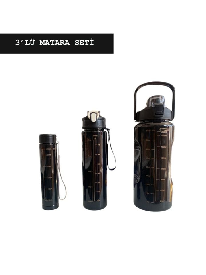 Siyah, 3’lü Set - Sticker’lı Pipetli Matara Seti - 2000ml,900ml,300ml